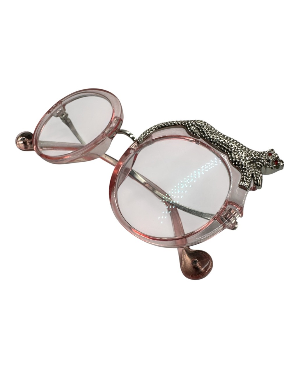 Pink Lucite Look Eyeglasses Rhinestone Jaguar Accent Round Prescription Frames